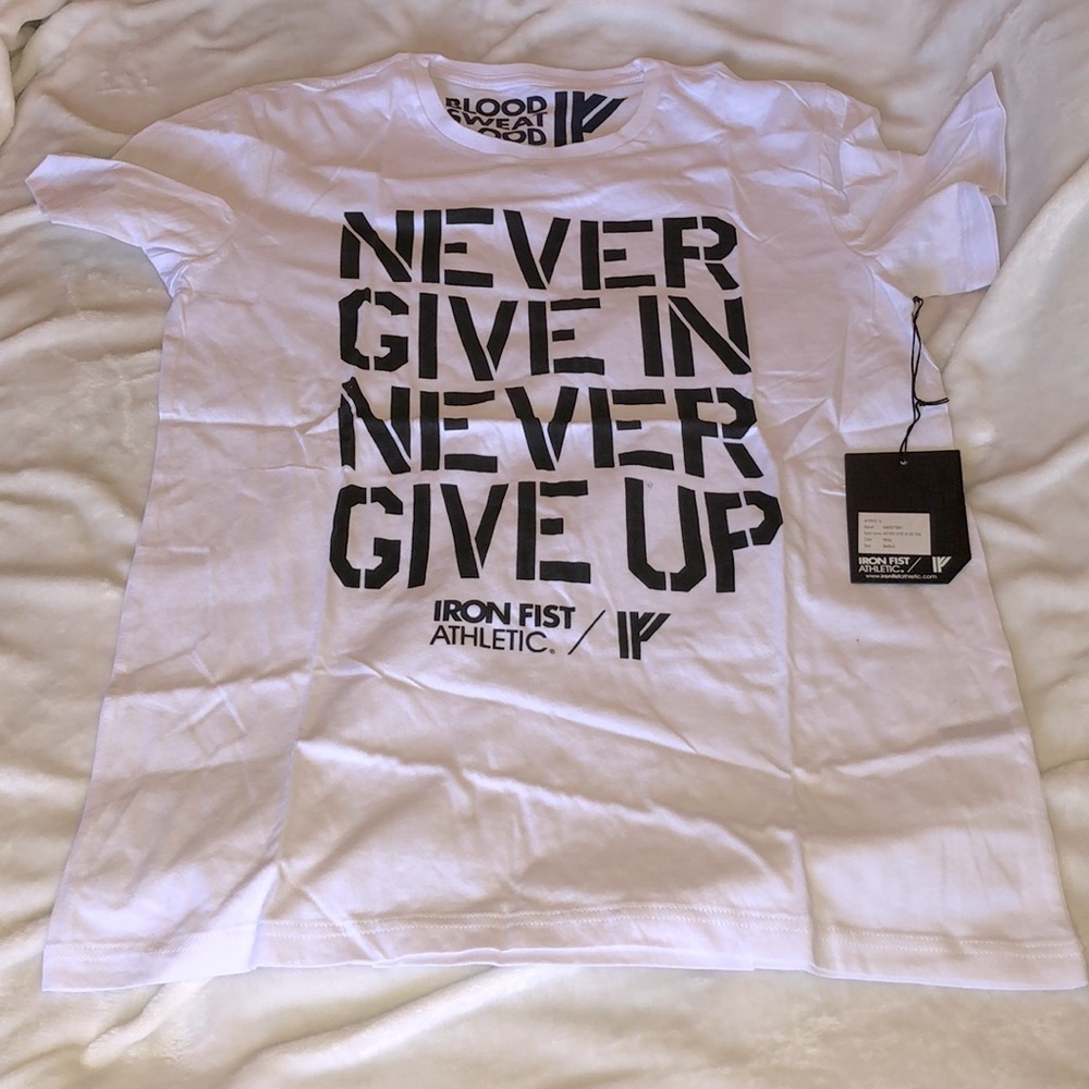 Iron Fist Never Give In White Tee, size medium NWT